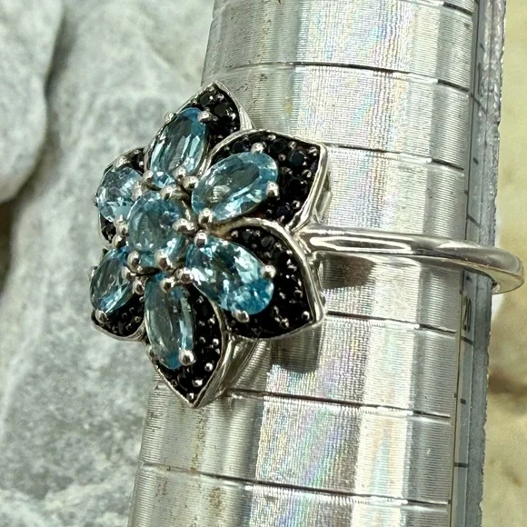 NWT Santa Maria Aquamarine & Black Spinel Daisy Ring Sz 10 Platinum 925 1.25ctw - Picture 16 of 17